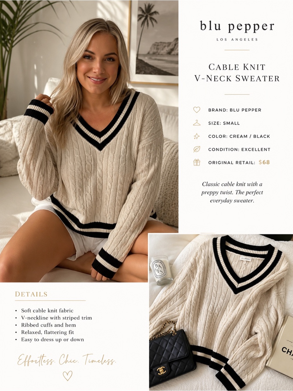 Blu Pepper Cream Cable Knit V-Neck Sweater with Black Stripe Trim